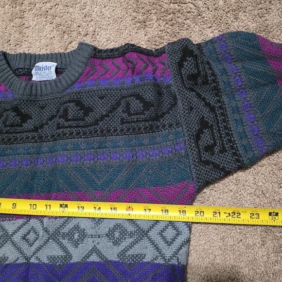 Vintage Geometric 3D Knit Cosby Sweater Mens M Purple 90s Wool Blend Faurl Isle - Picture 7 of 9